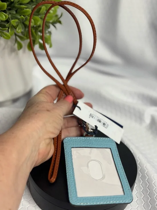 Dooney & Bourke Light Blue Pebbled Leather Card Holder with Brown Strap - Picture 4 of 5